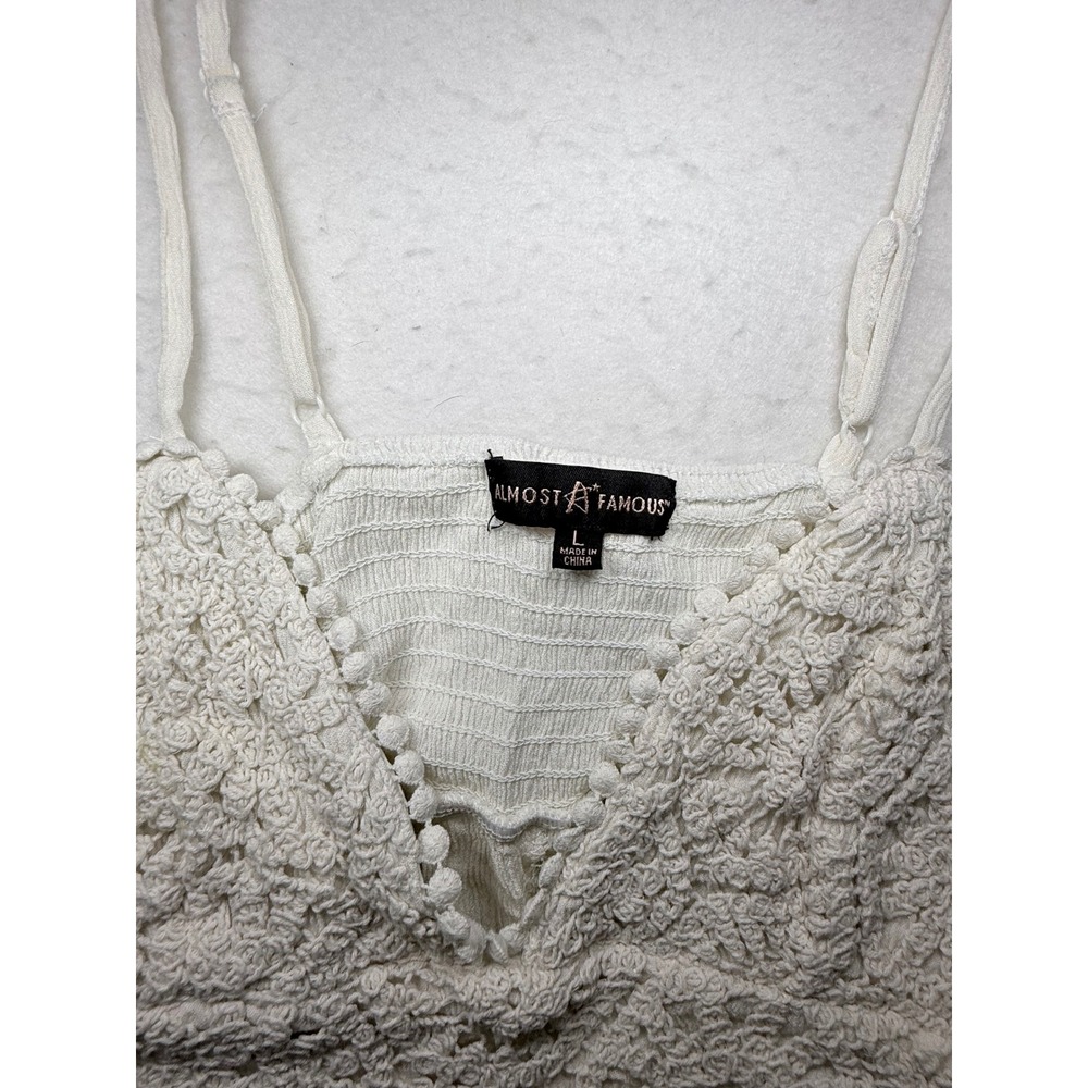 Almost Famous White Crochet Lace Boho Cami Top Sharkbite Hem Smocked Back Large - Picture 3 of 4